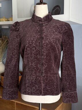 Ann Taylor Loft Petites Embossed Velvet Regencycore Steampunk Jacket Plum